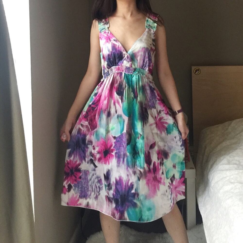 Everly Grey Watercolor Silky Satin Dress.--CA3